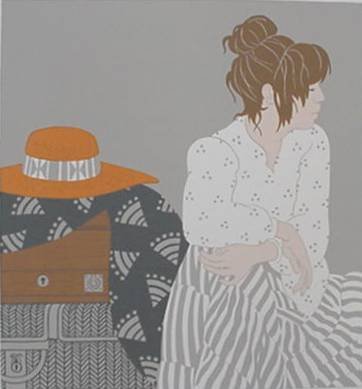 Phyllis Sloane screen print: Phyllis Sloane- ''The Straw Hat''- screen print in 6 colors on Arches paper, 1983, signed in pencil, printed by Sheila Marbain, New York, The Print Club of Cleveland publication no. 61 as stamped, ver