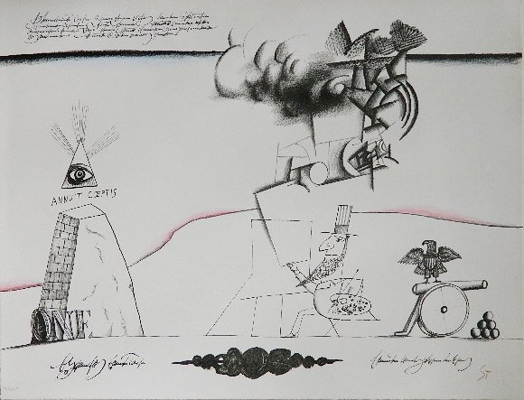 Saul Steinberg lithograph: Saul Steinberg- ''Annuit Coeptis''- lithograph, 1967, signed, titled and numbered 79/225. 22 x 17''