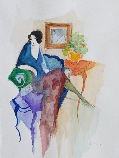 Itzchak Tarkay watercolor: Itzchak Tarkay- ''Faraway Look''- watercolor on paper, 1992, signed Tarkay lower right, very good condition. 16 x 12''