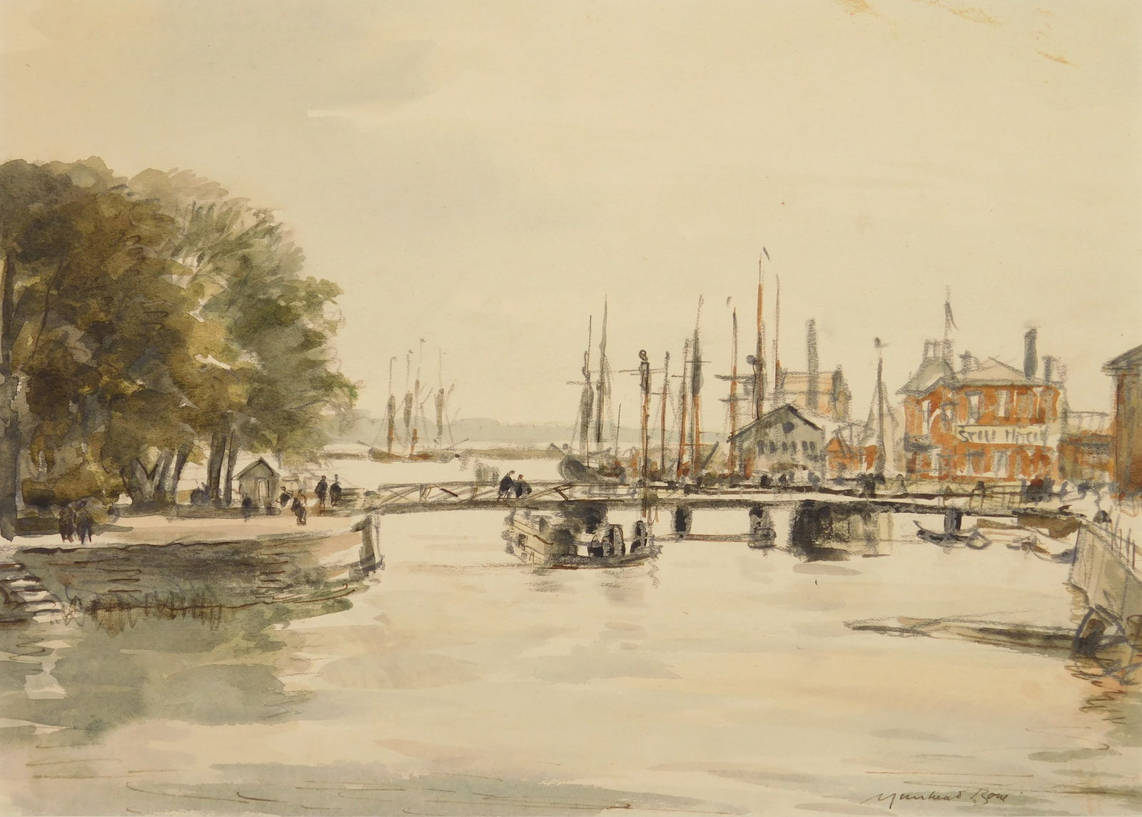 Muirhead Bone (British, 1876-1953) watercolor and charcoal: In the Gothenburg Canal, Sweden watercolor and charcoal on paper, signed Muirhead Bone lower right. 9 1/2 x 13 1/4" Provenance: Private collection- Cleveland, OH