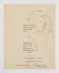 Mariette Lydis (French 1887-1970) pencil drawing: Young Woman graphite and brown pencil on paper, 1949, signed dated and inscribed in pen. Drawn on a typed menu. Provenance: Private collection- Detroit, MI