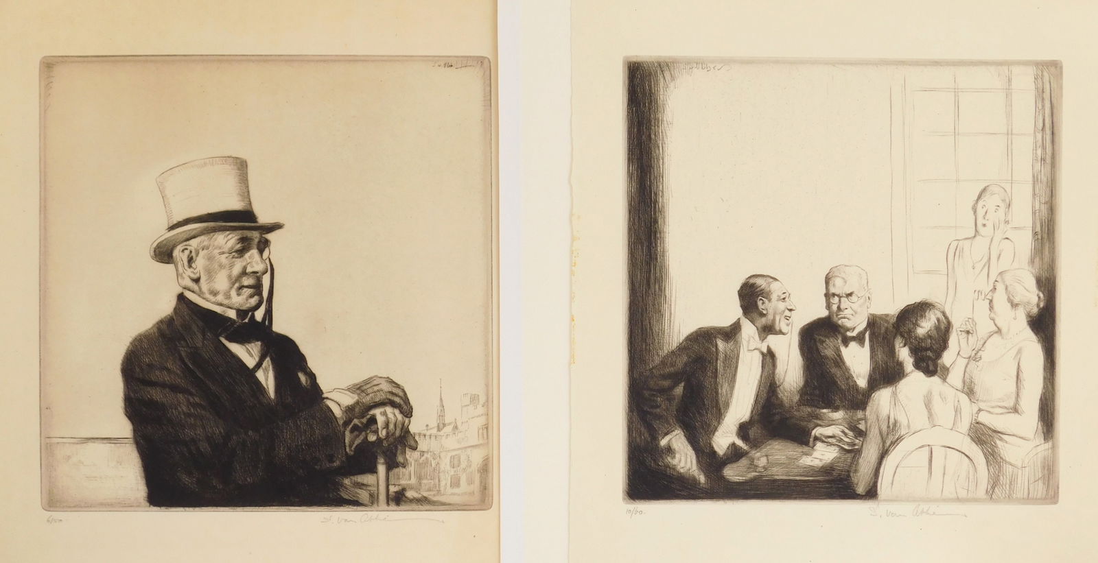 2 Solomon Van Abbe (British, 1883-1958) drypoints: The Old School- drypoint, 1930, signed and numbered 6/50 in pencil. 10 1/2 x 10 1/2'' The Revoke- drypoint, 1932, signed and numbered 10/60 in pencil. Illustrated: Fine Prints