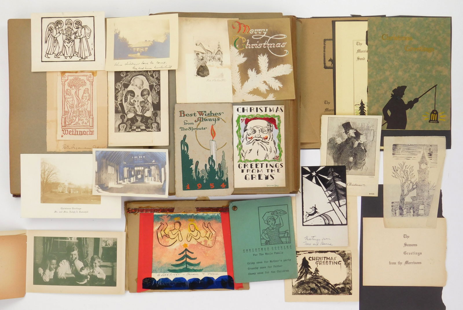 Scrap book of approximately 75 artist greeting cards: including ones by David Morrison, Peggy Bacon, Alexander Brooks Paul Reno and many others. Various sizes Provenance: Private collection- Brecksville, OH