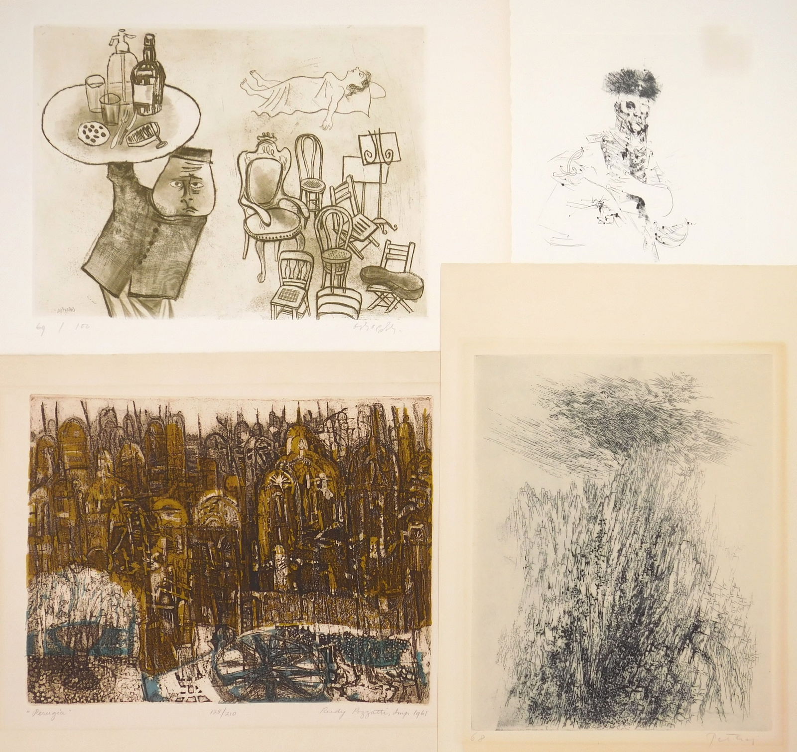 4 American etchings: 1). William Gropper- Dream- signed and numbered 69/100 in pencil. 2). Jack Levine- Death's Head Hussar- signed and numbered 88/100 in pencil. 3). 3). Gabor Peterdi-
