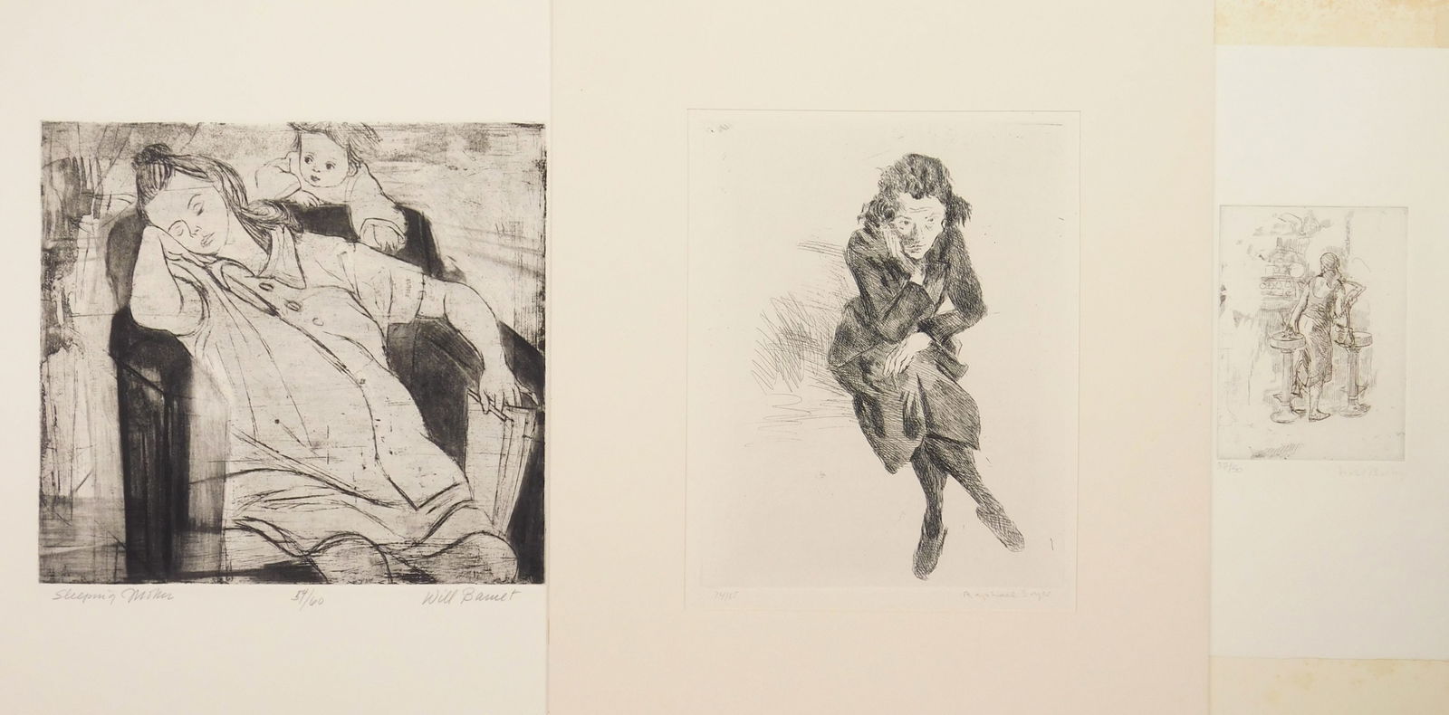 3 American etchings: 1). Will Barnet (American, 1911-2012)- Sleeping Mother-etching, signed, titled and numbered 54/60 in pencil. 9 3/4 x 10 3/4" 2). Isabel Bishop (American, 1902-1988)- Girl Ge