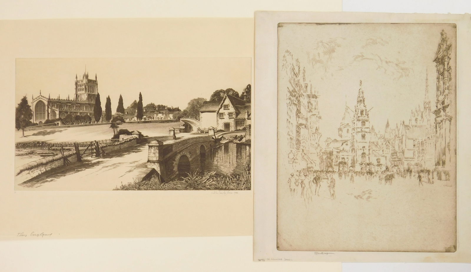 2 American etchings- Arms and Pennell: 1). John Taylor Arms (American, 187-1953)- This England (Fairford, Gloucestershire)- etching, 1953, signed, titled, dated and annotated in pencil, edition of 150 (82 pulled). 6 3/8 x