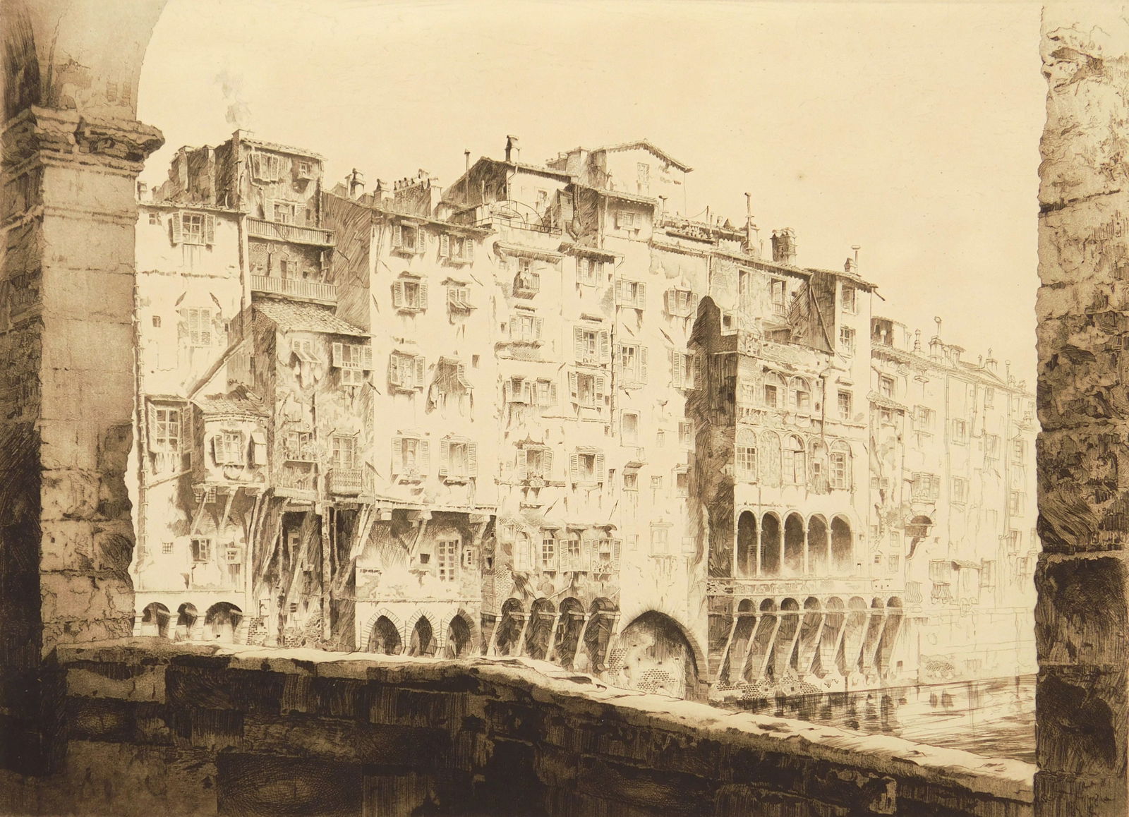 John Taylor Arms (American, 1857-1953) etching: From the Ponte Vecchio, Florence etching and aquatint, 1925, signed and dated in pencil, edition of 150. 11 x 15'' Fletcher 159 Provenance: Privat
