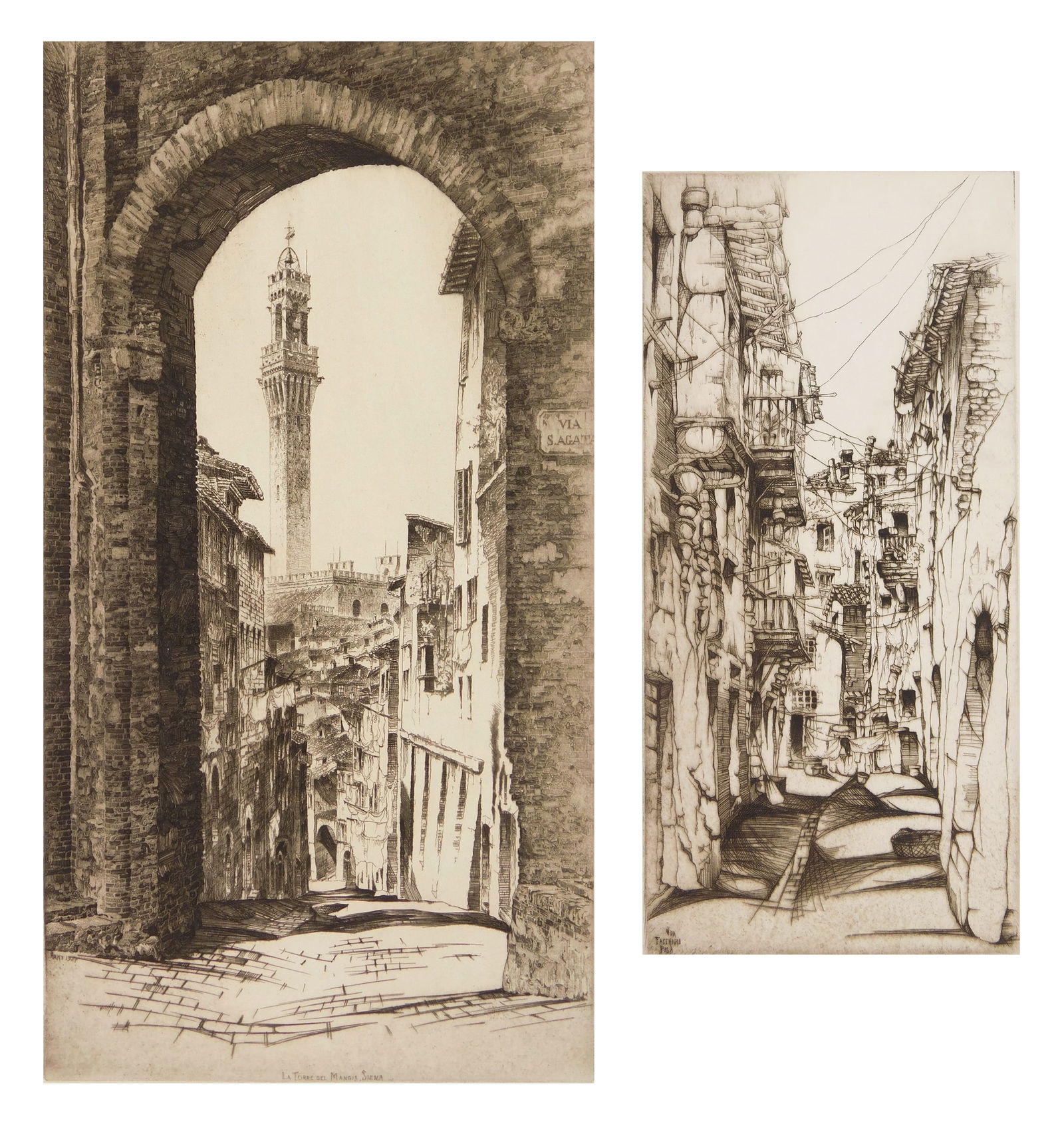 2 John Taylor Arms (American, 1887-1953) etchings: 1). La Mangia, Siena- etching, 1921, signed and dated in pencil, edition of 115, Italian series #10. Illustrated: Dorothy Noyes Arms, Hill Towns and Cities of Northern Italy, 