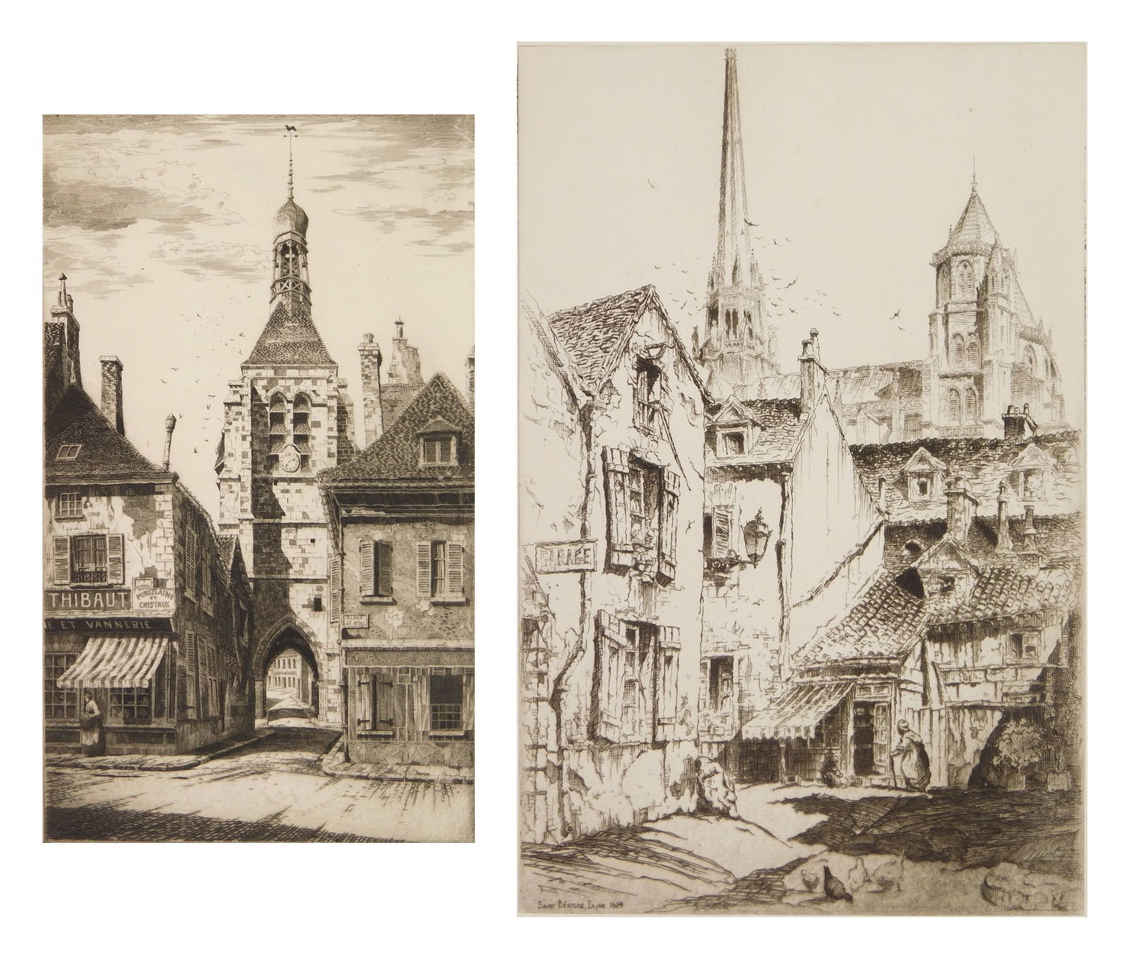 2 John Taylor Arms (American, 1887-1953) etchings: 1), Saint Bénigne, Dijon- etching, 1924, signed and dated in pencil, French Church Series #15. Edition 110. Illustrated: Dorothy Noyes Arms, Churches of France, p. 136. 10