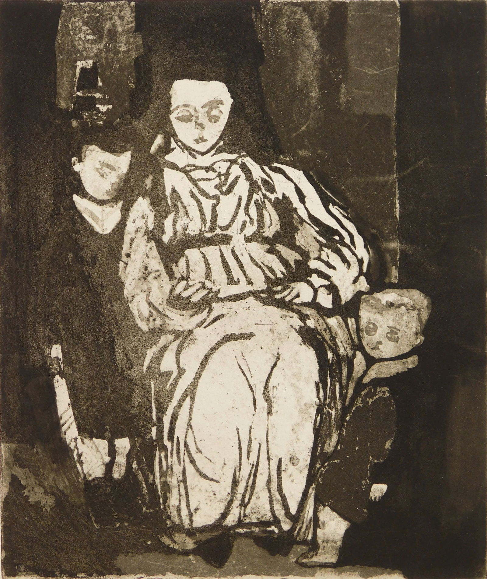 Will Barnet (American, 1911-2012) aquatint: Mother with Little Boys etching and aquatint, 1942, signed and titled in pencil. 11 3/4 x 9 3/4'' Szoke 89 Provenance: Private collection- Detroit, MI