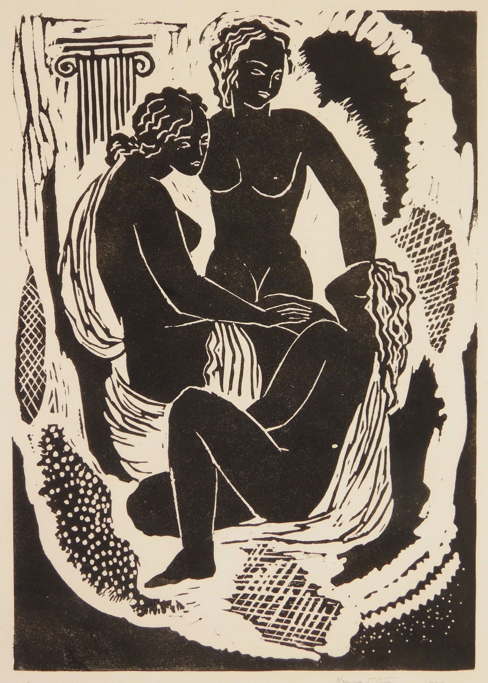 Konrad Cramer (American, 1888-1963) linocut: Three Nudes linocut, 1933, signed in pencil. 8 3/8 x 6" Provenance: Private collection- Detroit, MI