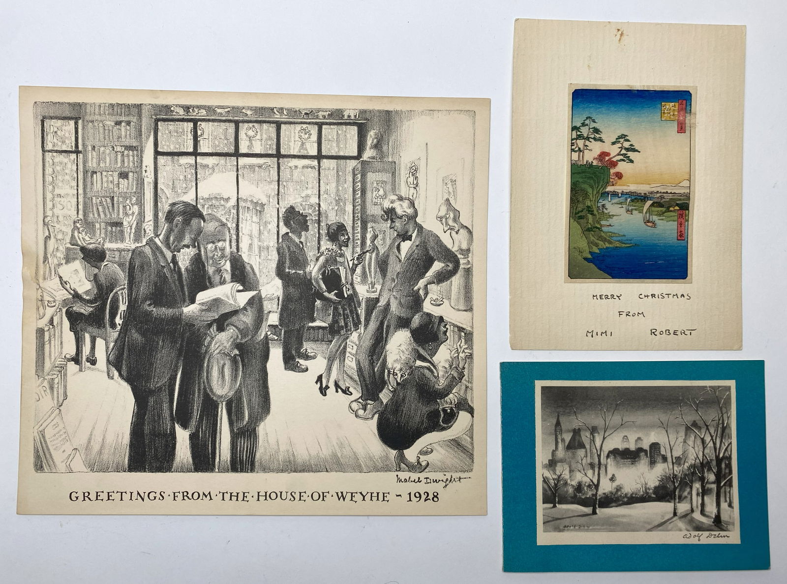 Mabel Dwight (American, 1875-1955) lithograph: Greetings from the House of Weyhe lithograph, 1928. 7 x 8 3/8'' Robinson & Pirog 36 Together with 2 Xmas cards one Adolf Dehn and one Japanese woodblock print Provenance: