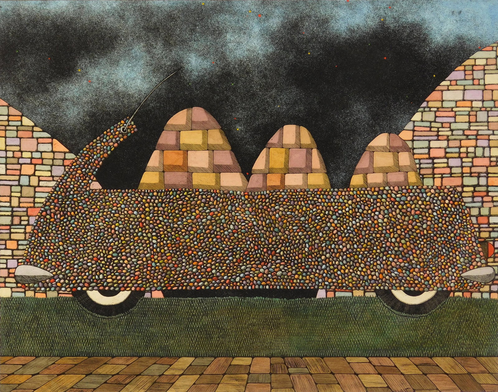 Marvin Jones (American, 1940-2005) etching: Boulders Driving a Rock Car etching in color, signed, titled and annotated H. C. P. in pencil. 15 3/8 x 19 11/16" Provenance: Private collection- Seattle, WA