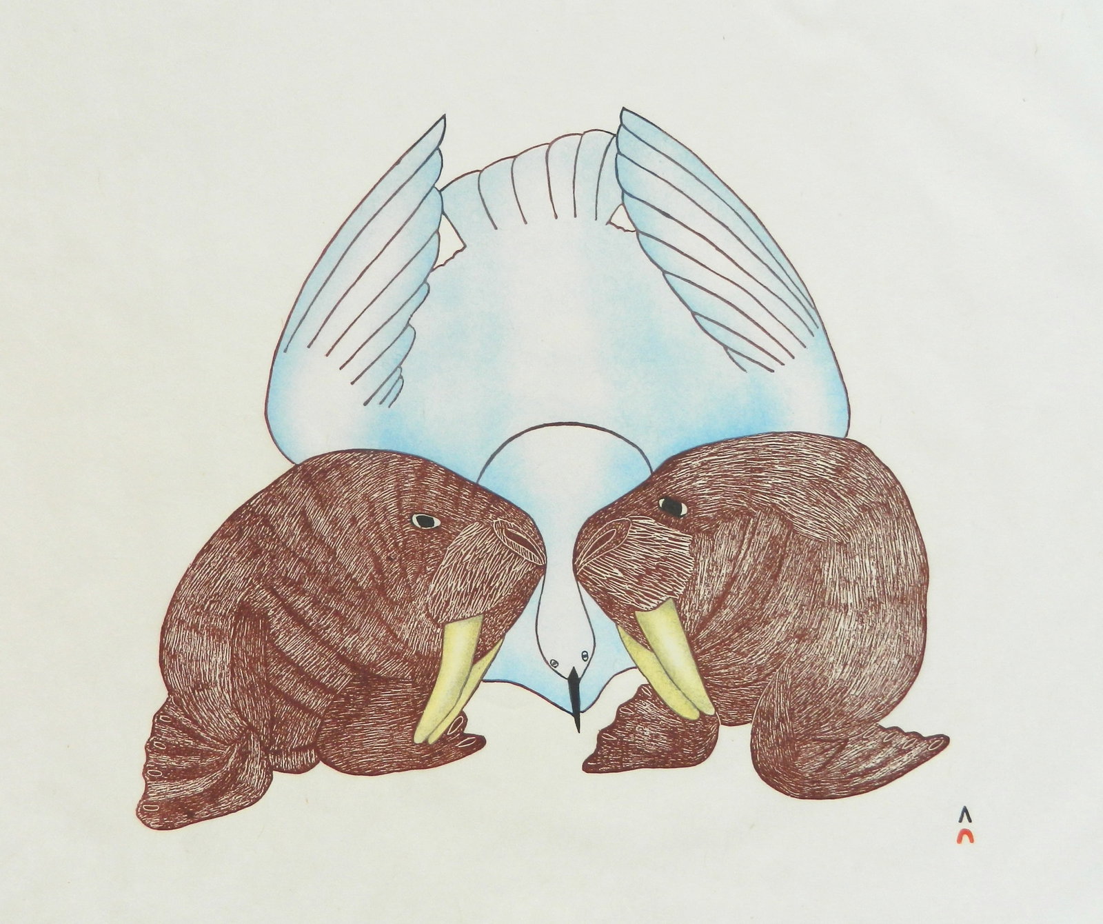 Mayureak Ashoona (Inuit, 1946- ) stencil: Walrus and Bird stone cut and stencil in color, 1994, signed, dated titled and numbered 19/50 in pencil. 25 x 30" (sheet) Provenance: Private collection- Berea, OH