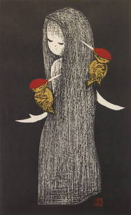 Kaoru Kawano (Japanese, 1916-1965) woodblock: Woodpeckers woodblock in color, artist red seal lower right and black circular seal verso. 14 1/2 x 9" Provenance: Private collection- Cleveland, OH