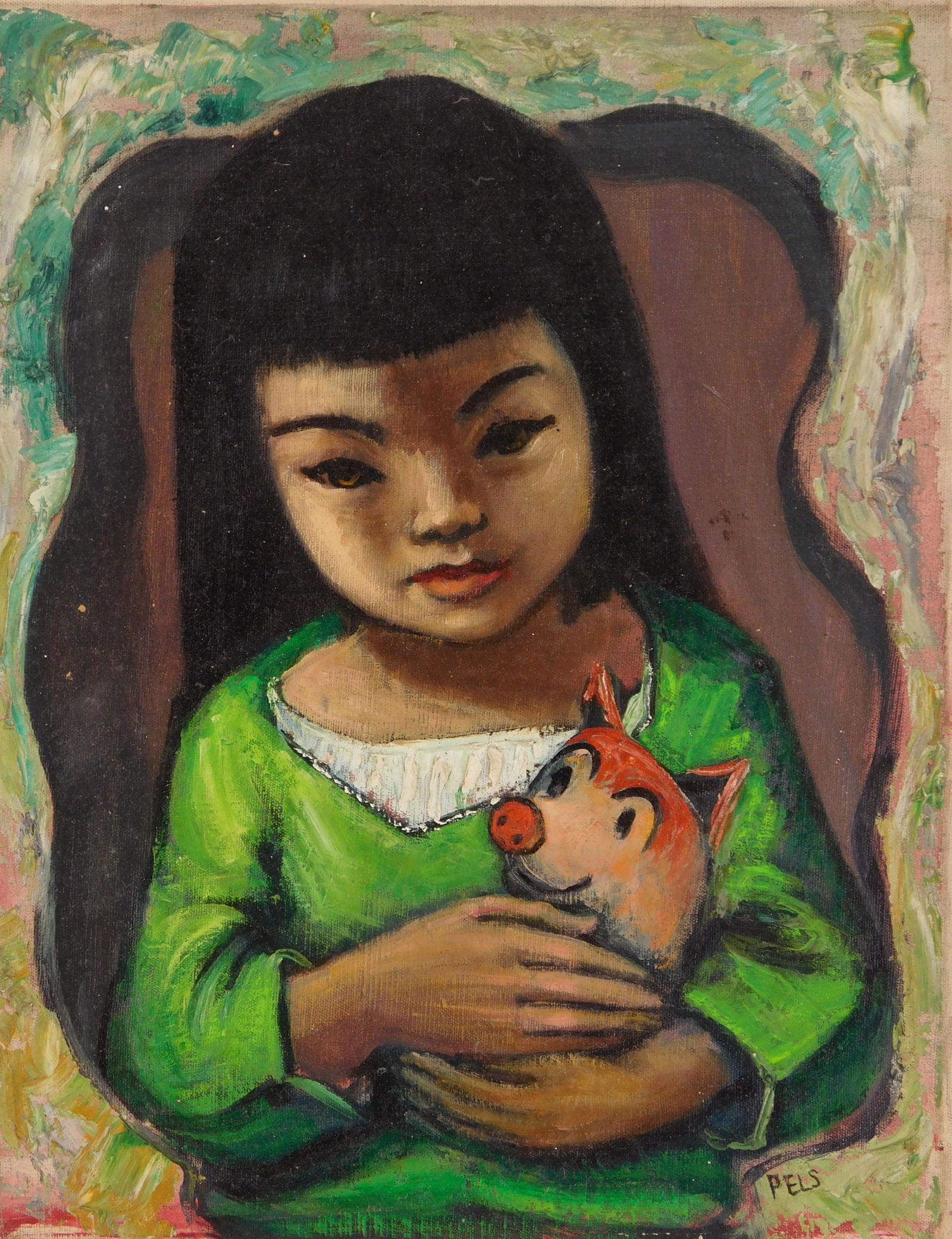 Albert Pels (American, 1910-1998) oil: Piggy Bank oil on canvas (unstretched), 1940, signed Pels lower right, titled verso, 14 x 10 3/4" Provenance: Private collection- New York, NY; By descent estat