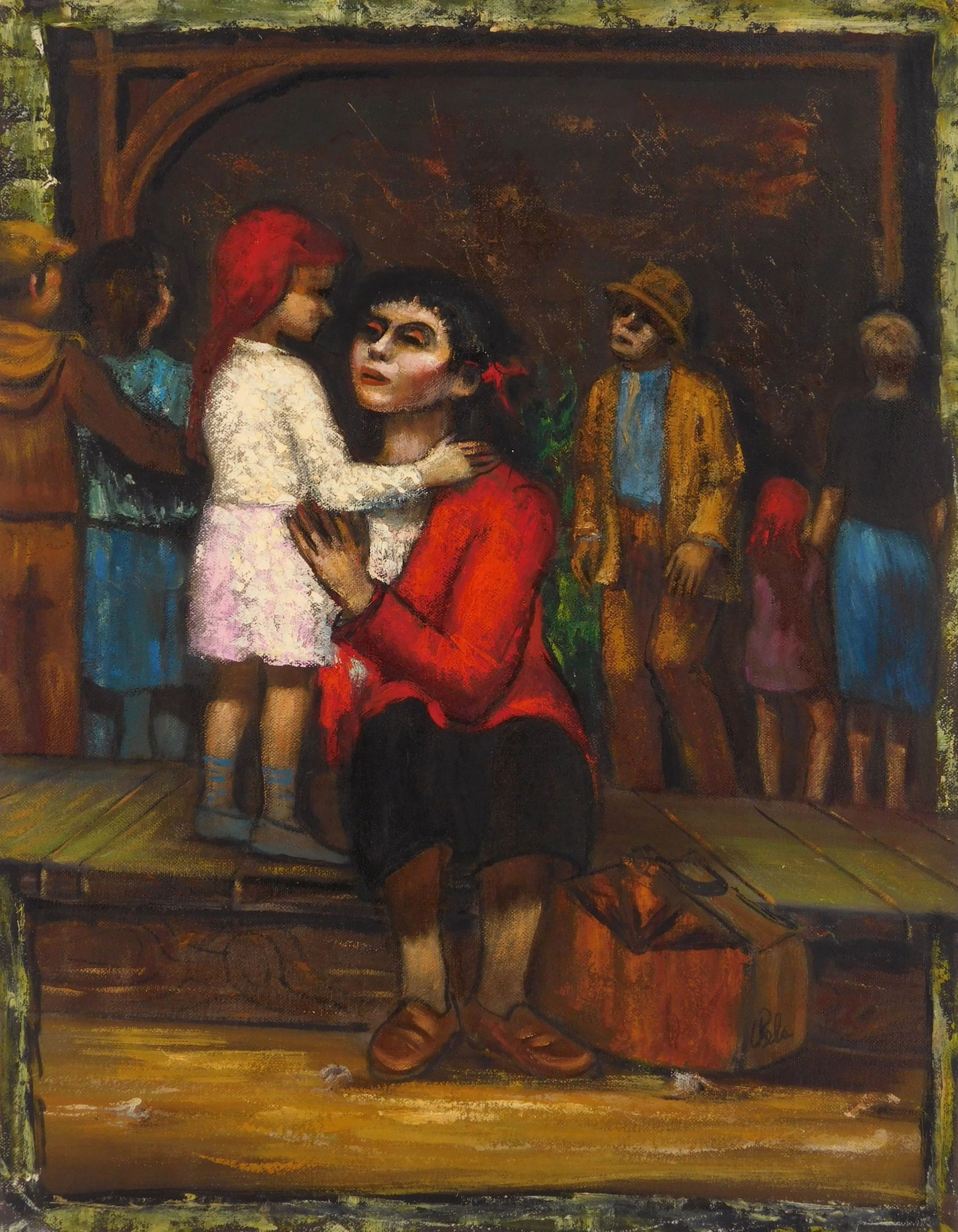 Albert Pels (American, 1910-1998) oil: Bus Stop oil on canvas (unstretched), signed, 17 7/8 x 13 3/4" Provenance: Private collection- New York, NY; By descent estate of the artist