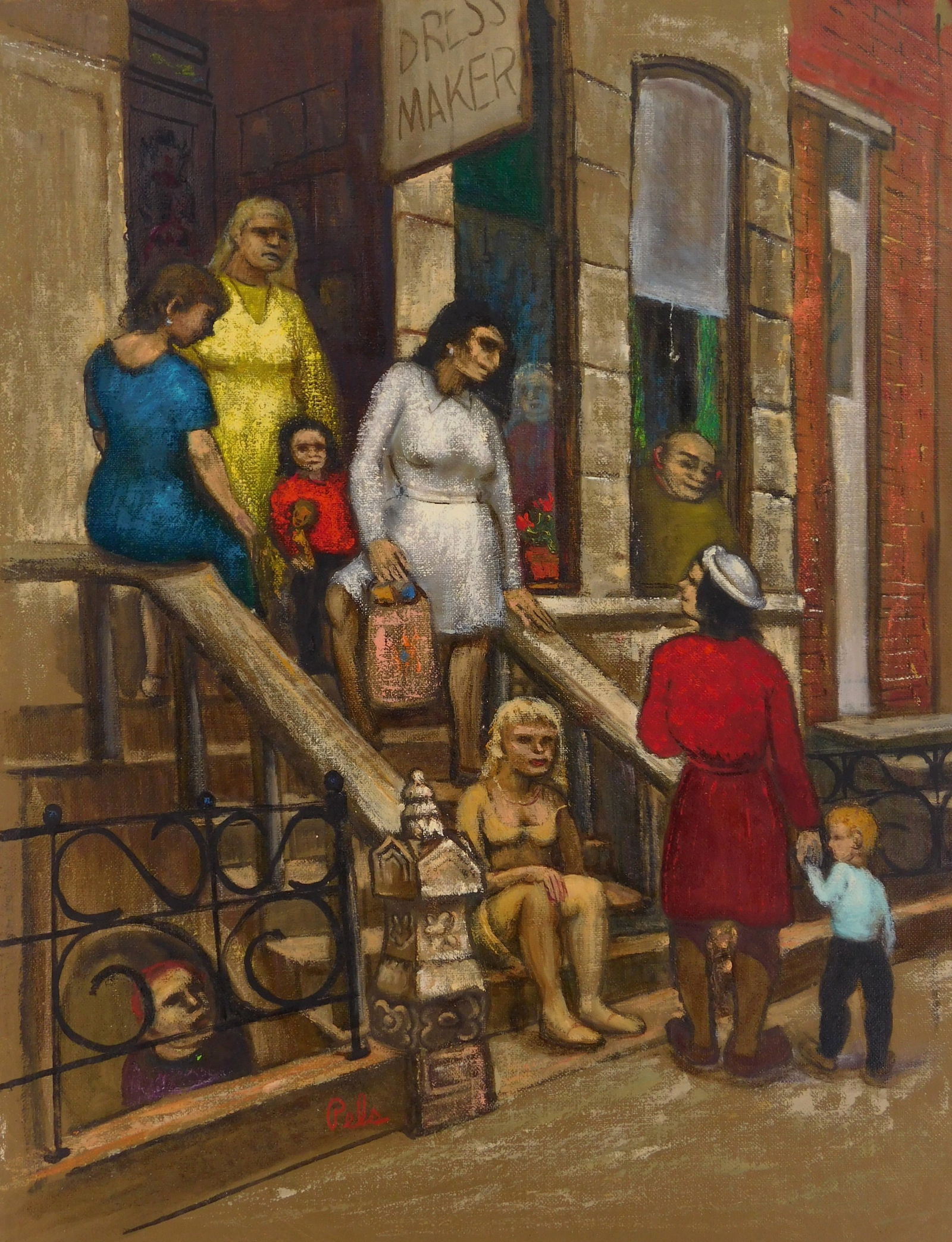 Albert Pels (American, 1910-1998) oil: Gossip on the Front Door Stoop oil on canvas (unstretched), signed Pels lower center, 26 x 20 1/8" Provenance: Private collection- New York, NY; By descent estate of the artist.