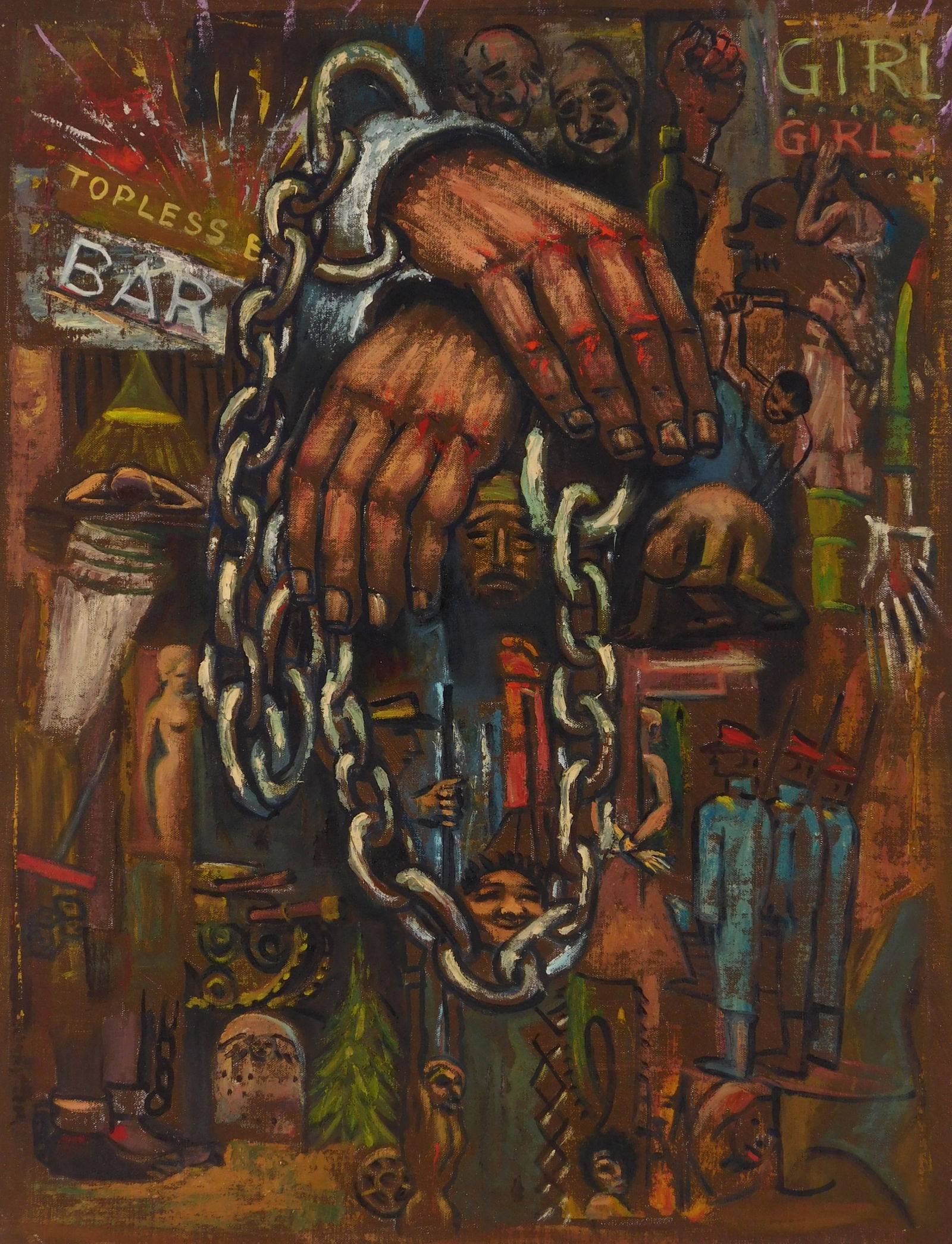 Albert Pels (American 1910-1998) oil: Topless Bar oil on canvas (unstretched), 1985, dated verso, 22 1/4 x 17 1/4" Provenance: Private collection- New York, NY; By descent estate of the artist