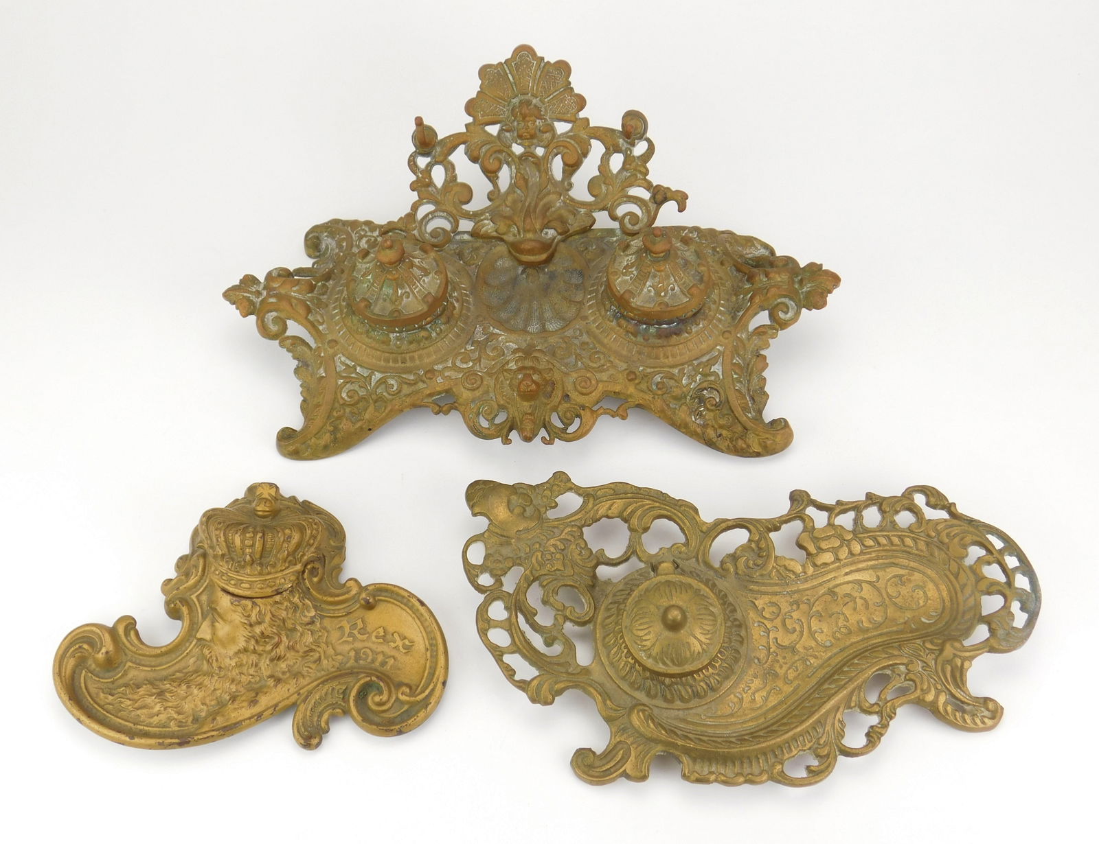 2 Ornate Victorian brass inkwells (1 of 4)