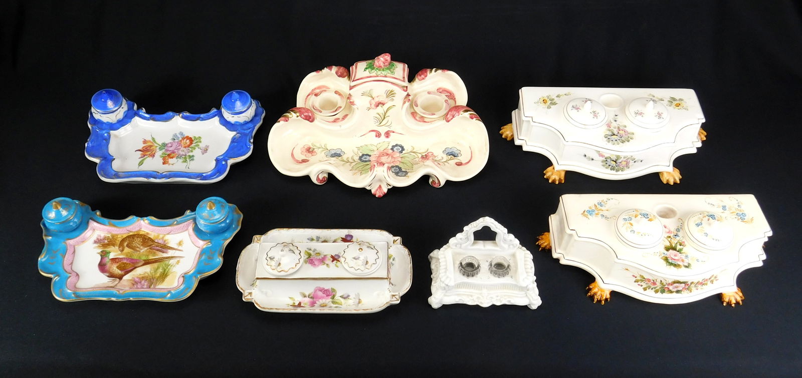 7 European hand-painted porcelain double inkwells (1 of 5)