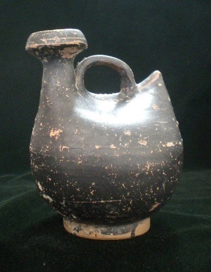 Greek - Attic or Magna Graecia: Greek - Attic or Magna Graecia, 4th c. B.C. Askos, black glaze, some encrustation, sometimes called 'Duck Askos'. 4 1/2''h