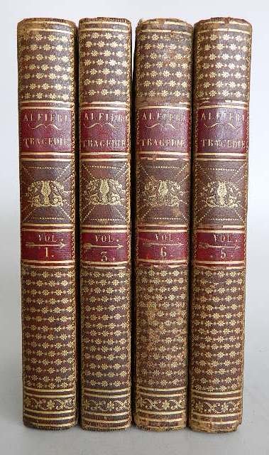 ''Tragedie di Vittorio Alfieri Da Asti'': 'Tragedie di Vittorio Alfieri Da Asti''- Presso Leonardo Ciardetti, Firenze, 1824, some engraved illustrations, incomplete set of 4 vols. (vols. no. 1, 3, 5 and 6), 8vo, hard bound in leather with gil
