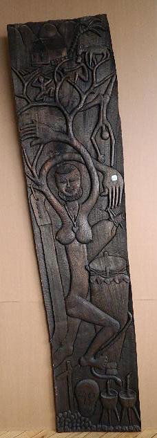 20th c. Roger Francois Haitian carved wood plaque: Roger Francois (20th c. Haitian School- Woman with Drum Figures in Background- , signed on verso, carved wood plaque. 7'h