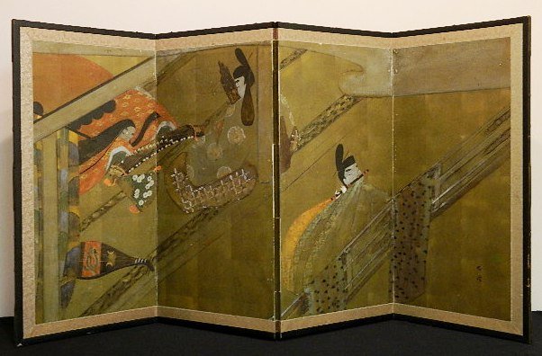 4 Panel Chinese screen: 4 Panel Chinese screen- Figures with Musical Instruments- gouache on paper, signed. 36 x 73''