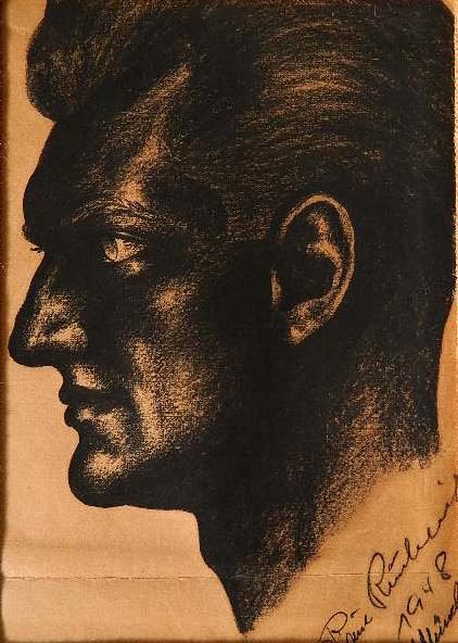 20th c. German School charcoal drawing: 20th c. German School- Man's Profile- charcoal on paper, 1948, signed illegibly and dated 1948 / Munchen- lower right, paper age toned, some creases in paper. 16 1/2 x 12''