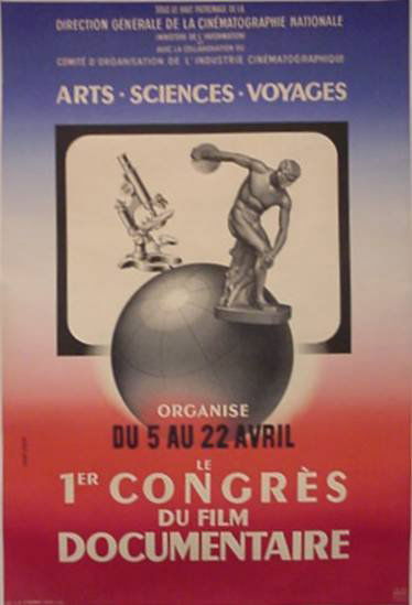 Jean Colin lithographic poster: Jean Colin- ''Le 1er Congres Du Film documentaire''- lithographic poster, published by S. A. Courbet, black, blue and red on white background, linen backed. 56 x 38''