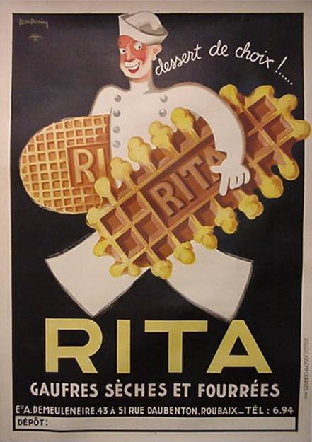 Leon Dupin lithographic poster: Leon Dupin- Rita- lithographic poster, 1933, Joseph-Charles, Paris, white clothed figure carrying golden wafers against black background, lettering in yellow. 55 x 39 1/2''