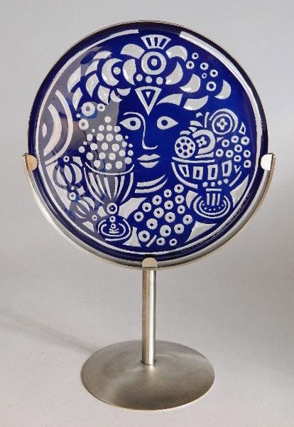 Lars Hellsten glass plaque: Lars Hellsten glass plaque, set in stainless steel mount, done for Orreofors, hand blown, in cobalt blue. 19 1/2''h, 12 1/2''dia