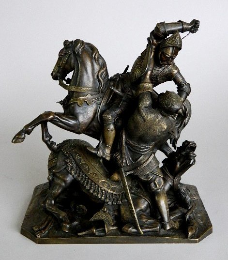 Jean F. T. Gechter bronze sculpture: Jean Francois Theodore Gechter- ''Charles Martel Combattant Abderame Roi Des Sarrasins''- bronze sculpture, signed at base. 15 x 13 3/4 x 7 1/2''