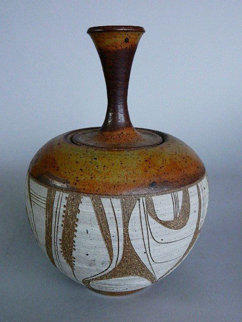 Joel Edwards ceramic lidded vessel: Joel Edwards ceramic lidded vessel, signed on bottom. 12 3/4''h