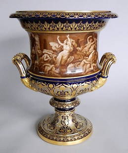 Large Meissen porcelain footed jardinière: Large Meissen porcelain footed jardinere, two handled, ornamented with Classical scenes, marked. 21 1/2''h, 16 3/4''