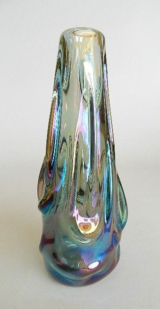 Dominick Labino glass vase: Dominick Labino glass vase, iridescent glass, 1972, signed Labino 1972 on bottom. 8''