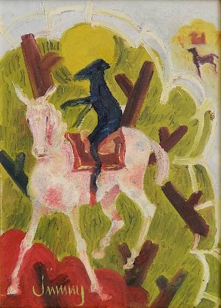 Jim McCall oil: Jim McCall- ''Black Sheep with Halo At The Races''- oil on panel, signed Jimmy lower right. 17 x 12''