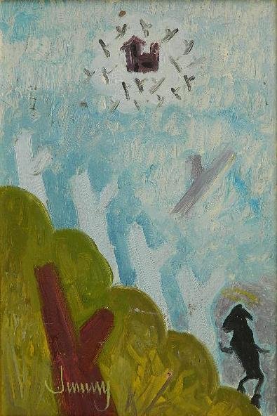 Jim McCall oil: Jim McCall- ''Black Sheep with Halo Making No Headway''- oil on panel, signed Jimmy lower left. 17 x 11 1/4''