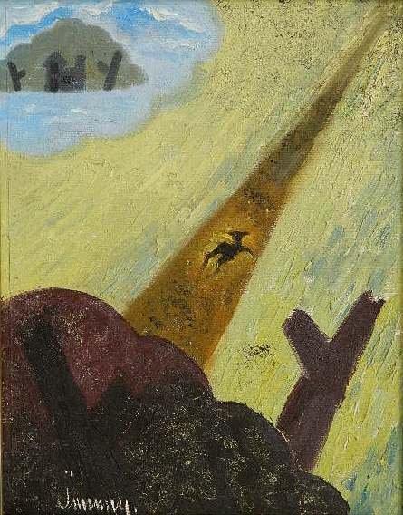Jim McCall oil: Jim McCall- ''Black Sheep with Halo Showing ? of Heels''- oil on panel, signed Jimmy lower left. 20 x 16''