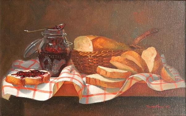 Richard House oil: Richard House- Still-Life with Jam- oil on canvas, 1983, signed Richard G. House '83 lower right. 13 x 21''