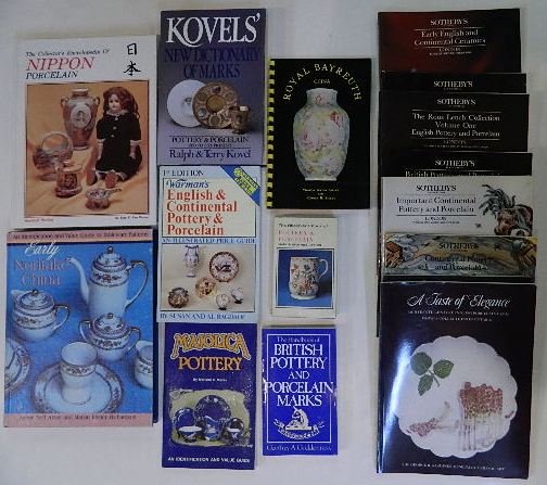 8 Books on European and Japanese porcelain: 8 Books on European and Japanese porcelain- including Nippon, Majolica, Royal Bayreuth, Koels Dictionary of Marks, Noritake, together with 8 auction catalogs.