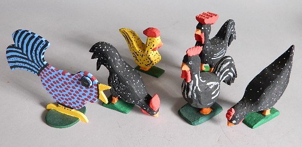 5 Guy & Dollie Skaggs and 1 Finn painted wood: 5 Guy and Dollie Skaggs carved painted wood- Rooster; and 1 Finn painted wood- Bird; all signed, various sizes.