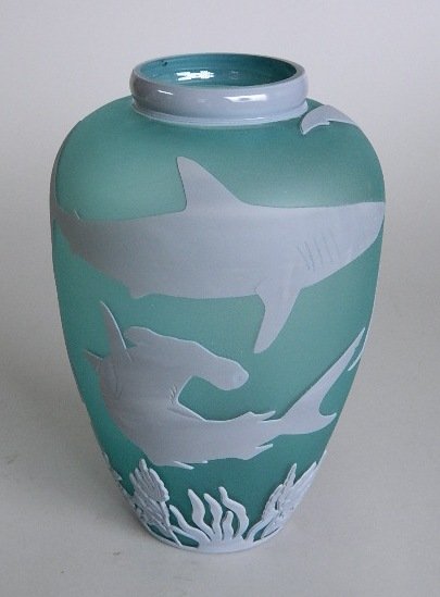 Kelsey Pilgrim blown glass vessel: Kelsey Pilgrim- ''Shark Vessel''- blown glass vessel, 1993, signed Kelsey / Pilgrim and dated bottom. 13''h