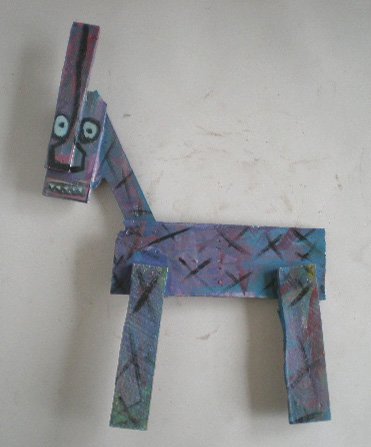 Cher Shaffer wood construction: Cher Shaffer- ''He's My Brother''- painted wood construction, 1988, signed and titled on bottom. 32''h, 22 1/2''w