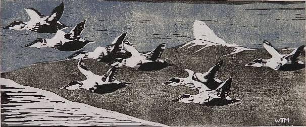 Walter Matia woodcut: Walter Matia- Ducks- woodcut, signed; together with 3 art exhibition posters, various sizes.