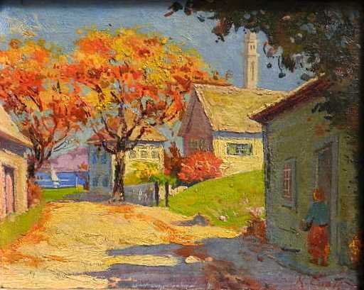 R. Cook oil: R. Cook- Street Scene- oil on panel, signed R. Cook- lower right. 8 x 9 1/2''