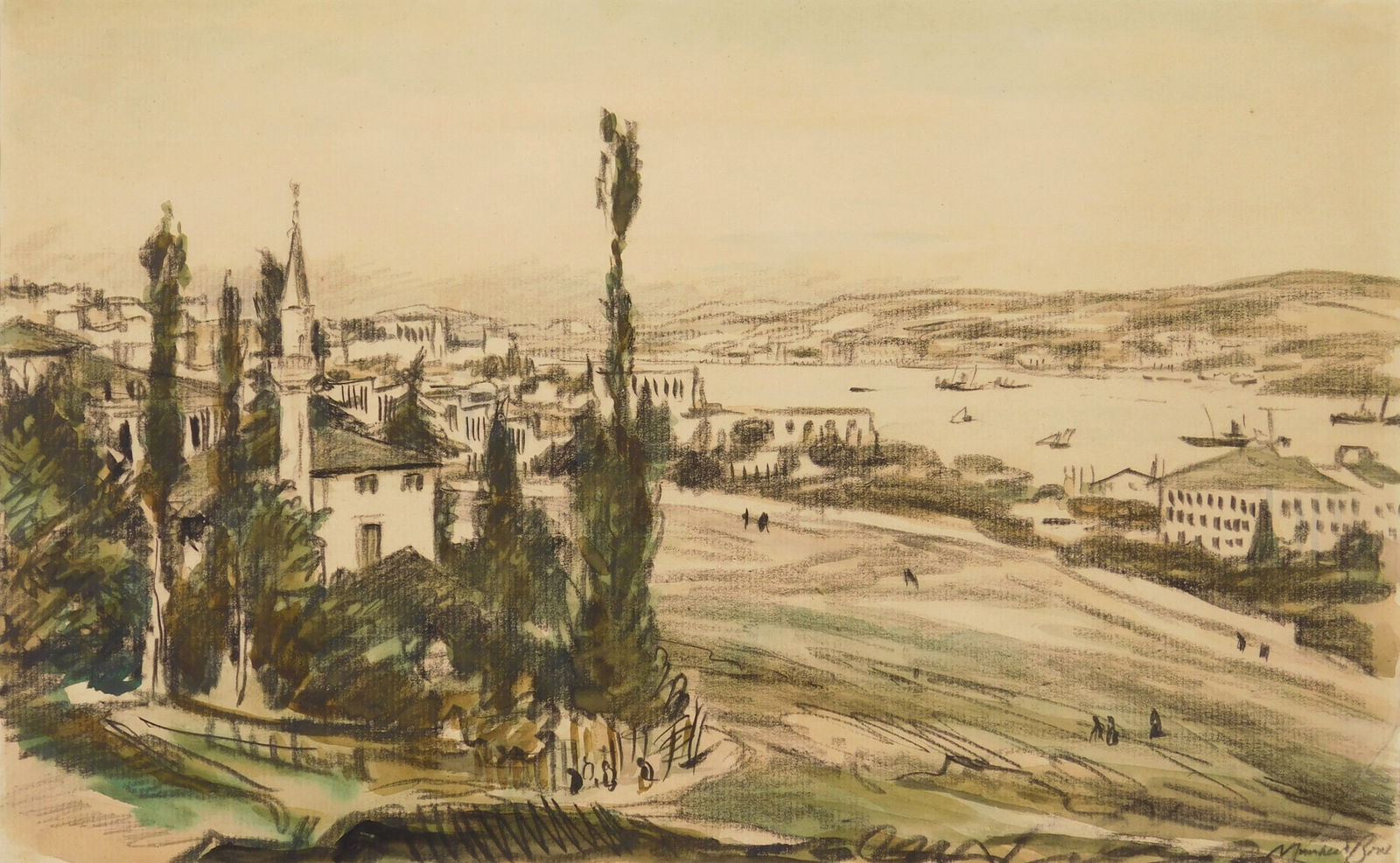 Muirhead Bone (British, 1876-1953) watercolor and charcoal: Evening on the Bosporus watercolor and charcoal on paper, signed Muirhead Bone lower right. 9 x 14 1/2" Provenance: Private collection- Cleveland, OH