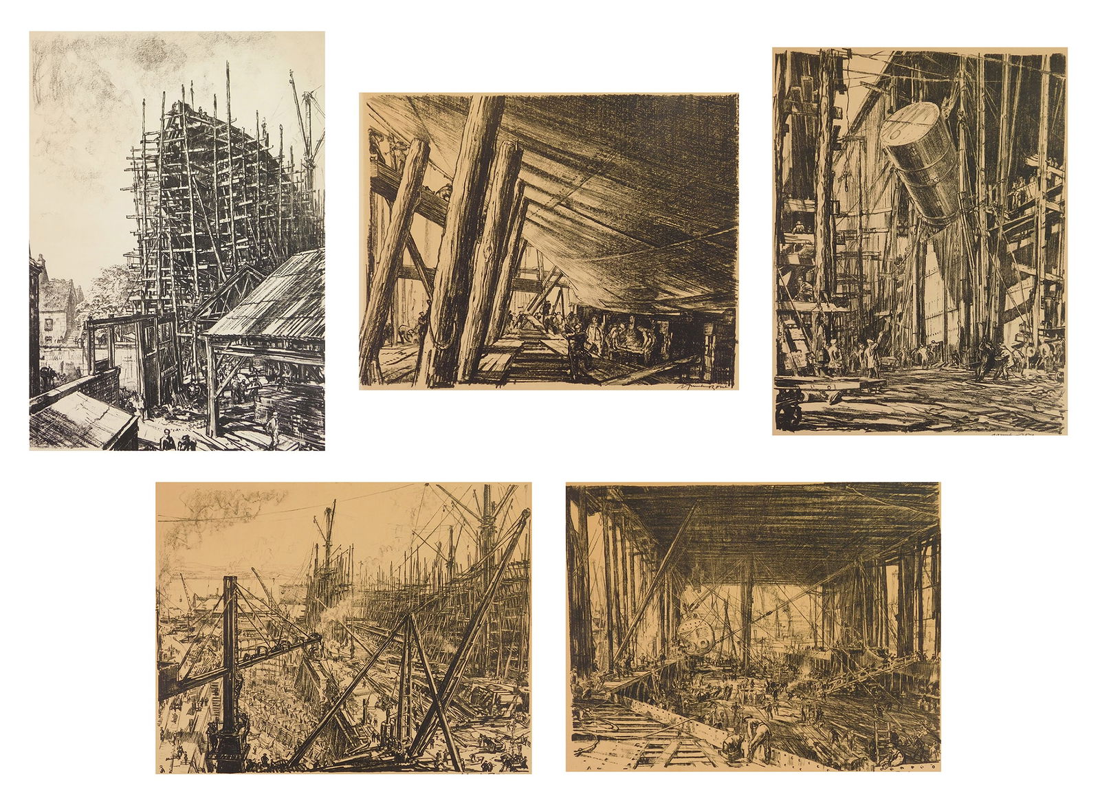 5 Muirhead Bone (Scottish, 1876-1953) lithographs: On The Clyde 5 lithographs, 1917-18, all signed in pencil., complete set contains 6 lithographs 16 x 24'' ea. (sheet) Provenance: Private collection- Portland, OR