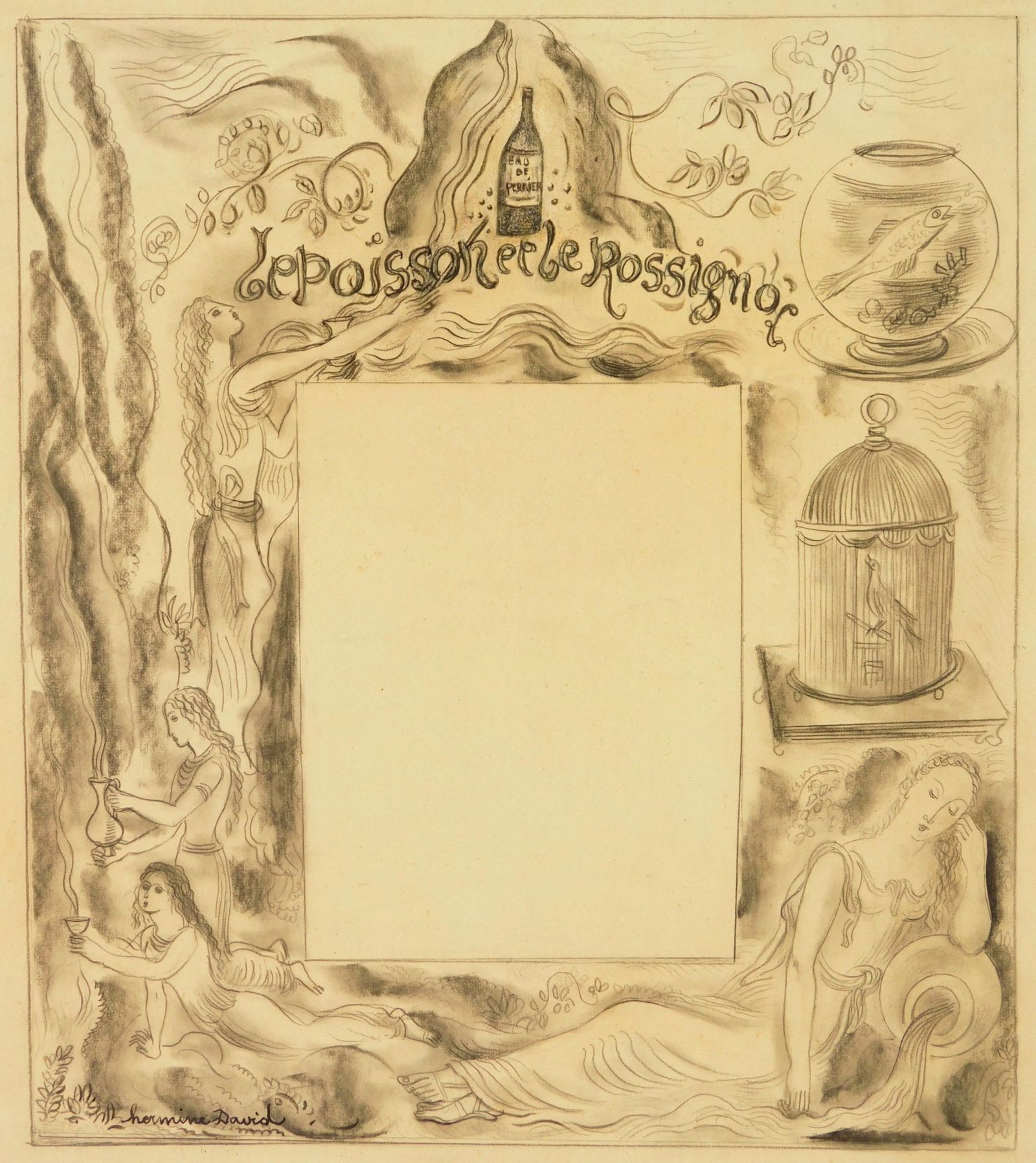 Hermine David (French, 1886-1971) drawing: Poisson et le Rossignol graphite on paper, ca. 1930, signed lower left. 11 x 9 5/8'' Provenance: Private collection- Detroit, MI
